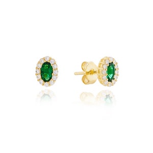 Emerald Flower Stud Earrings Oval in 14k gold plated S925, Simulated Emerald Flower Earrings, Green CZ Flower Earrings Złoto