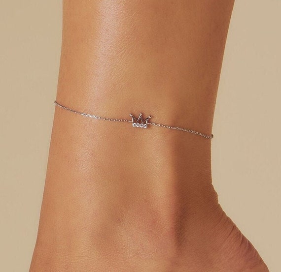 Queen Crown Anklet Pave Sparkling CZ Diamonds Small Elegant Charm