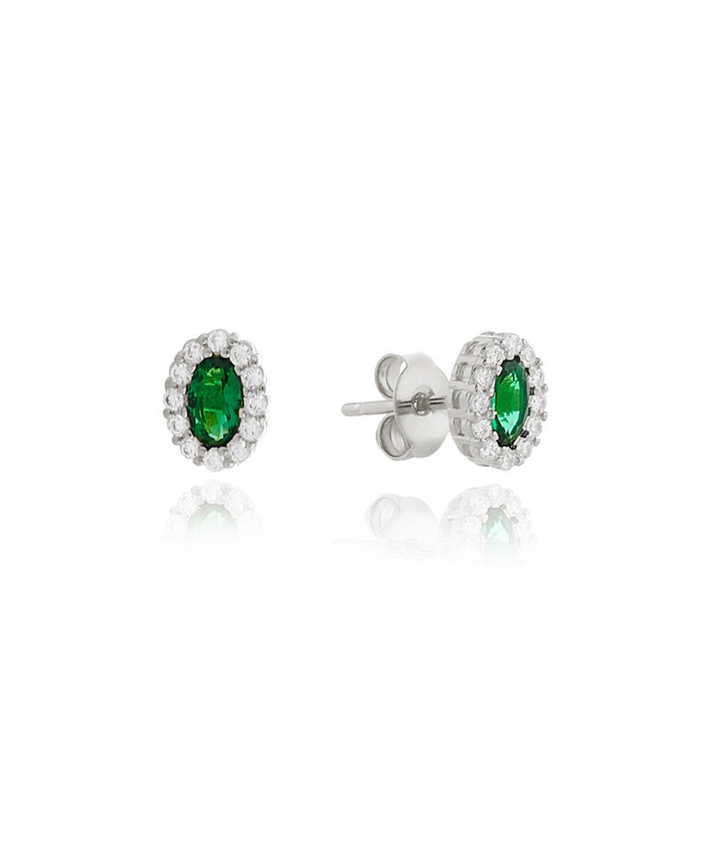 Emerald Flower Stud Earrings Oval in 14k gold plated S925, Simulated Emerald Flower Earrings, Green CZ Flower Earrings Srebro