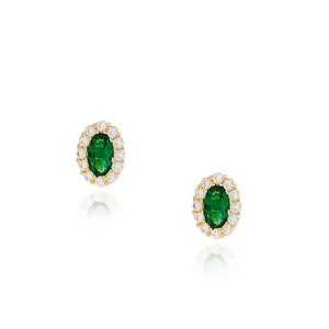 Emerald Flower Stud Earrings Oval in 14k gold plated S925, Simulated Emerald Flower Earrings, Green CZ Flower Earrings zdjęcie 5