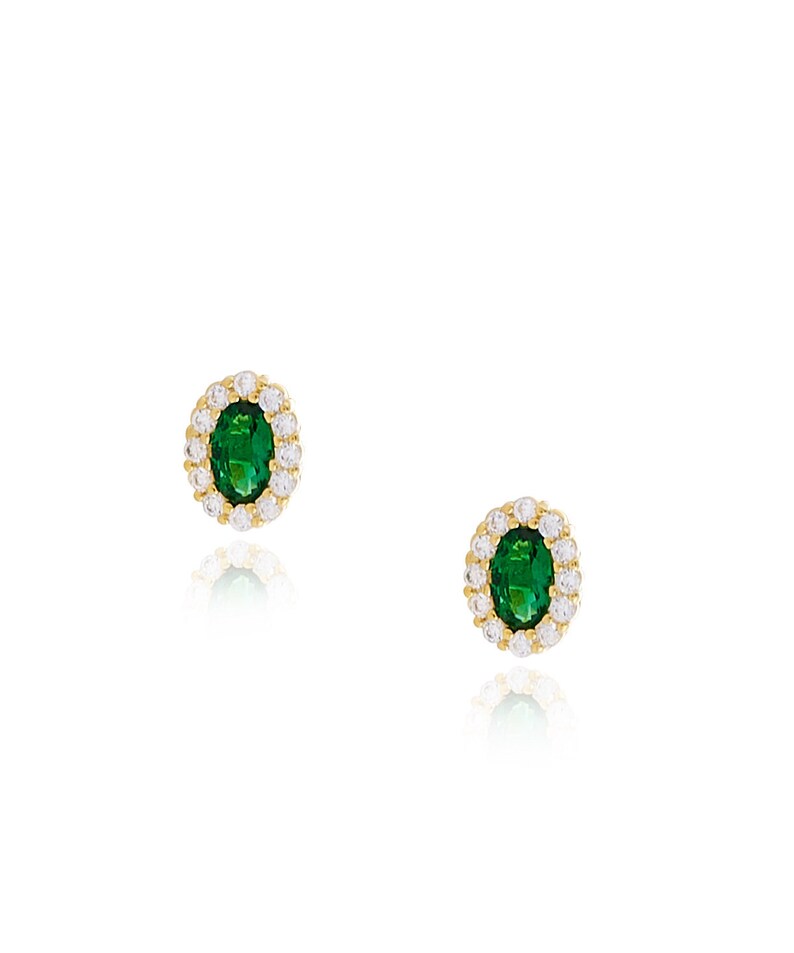 Emerald Flower Stud Earrings Oval in 14k gold plated S925, Simulated Emerald Flower Earrings, Green CZ Flower Earrings zdjęcie 5