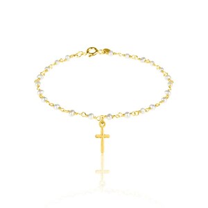 Fresh Water Pearl Rosary Bracelet beaded Dangling cross charm dainty Sterling Silver Bracelet Fully Gold Filled 14k image 2