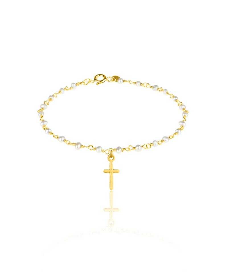 Fresh Water Pearl Rosary Bracelet beaded Dangling cross charm dainty Sterling Silver Bracelet Fully Gold Filled 14k image 2