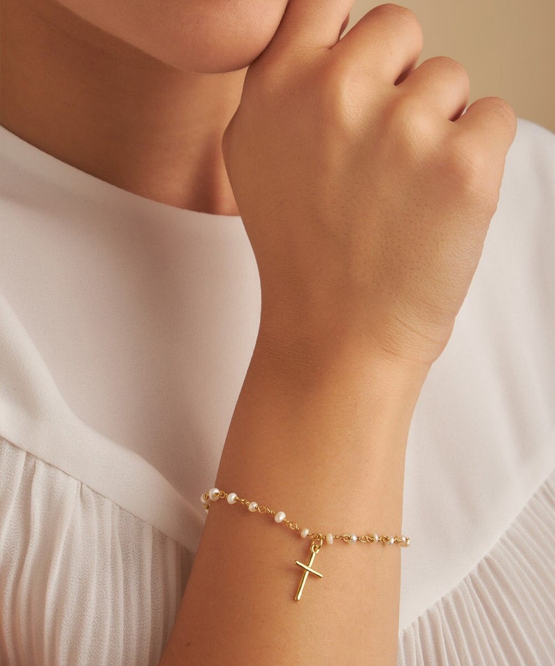 Fresh Water Pearl Rosary Bracelet beaded Dangling cross charm dainty Sterling Silver Bracelet Fully Gold Filled 14k image 1