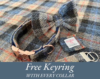 HARRIS TWEED Dog Collar Blue, Beige, Black Tartan with Rose Gold, Black, Silver or Plastic Buckle, and Optional Bow Tie Free Keyring