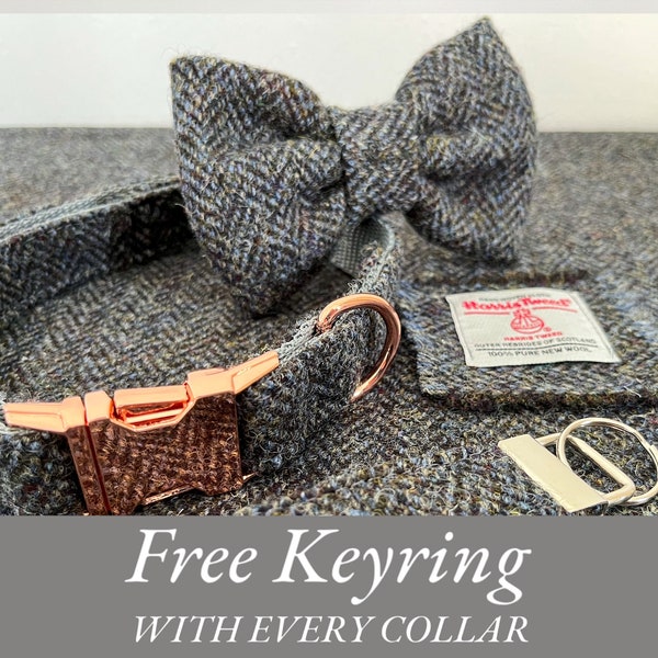HARRIS TWEED Dog Collar Grey Herringbone Design with Rose Gold, Black, Silver or Plastic Buckle, and Optional Bow Tie Free Keyring