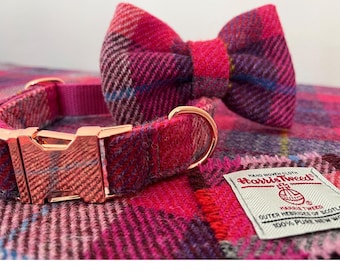 HARRIS TWEED Dog Collar Optional Bow Lead Fuchsia Pink Purple Metal Plastic Buckle Puppy Country Tweed - Frisky Whiskers