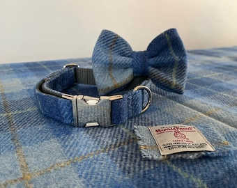 HARRIS TWEED Dog Collar Optional Bow Lead Skye Blue Metal Plastic Buckle Puppy Country Tweed