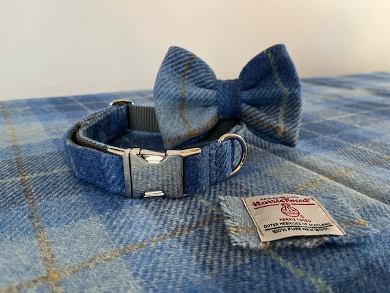 HARRIS TWEED Dog Collar Optional Bow Lead Skye Blue Metal Plastic Buckle Puppy Country Tweed