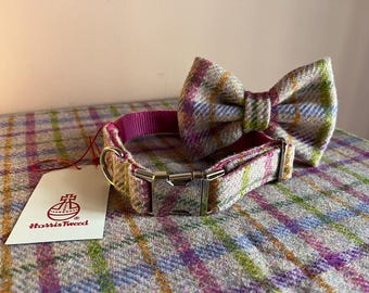 HARRIS TWEED Dog Collar Optional Bow Lead Sugared Lilac Metal Plastic Buckle Puppy Country Tweed