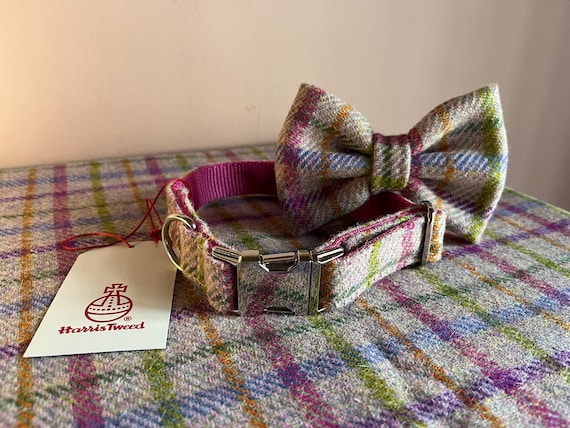HARRIS TWEED Dog Collar Optional Bow Lead Sugared Lilac Metal Plastic Buckle Puppy Country Tweed