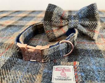 HARRIS TWEED Dog Collar Optional Bow Lead Tarbert Check Blue Beige Metal Plastic Buckle Puppy Country Tweed