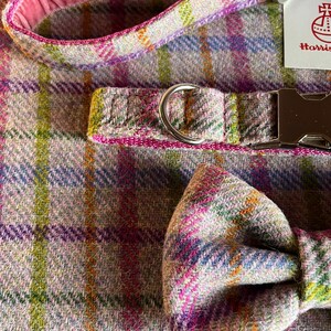 May include: A dog collar, leash, and bow tie set in a colorful plaid pattern. The set includes a collar with a metal buckle, a matching leash, and a bow tie. The fabric has a mix of pink, green, blue, and orange hues.