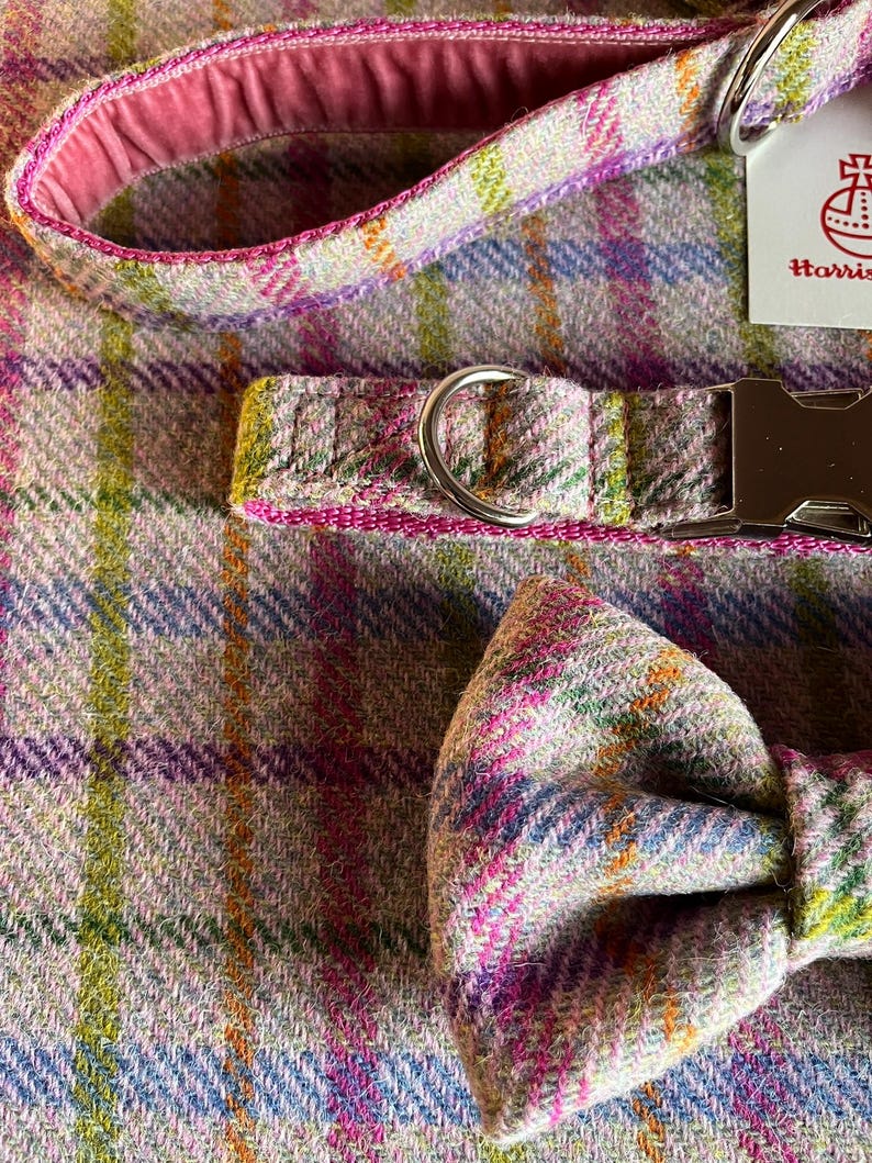 May include: A dog collar, leash, and bow tie set in a colorful plaid pattern. The set includes a collar with a metal buckle, a matching leash, and a bow tie. The fabric has a mix of pink, green, blue, and orange hues.
