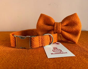 Genuine Harris Tweed Dog Collar with Optional Bow Tie – Sunset Orange Country Style