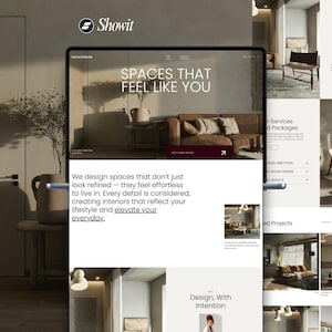 May include: A digital tablet displays a website with the text "SPACES THAT FEEL LIKE YOU." The website showcases interior design services, with images of modern living spaces. The Showit logo is in the top left corner.
