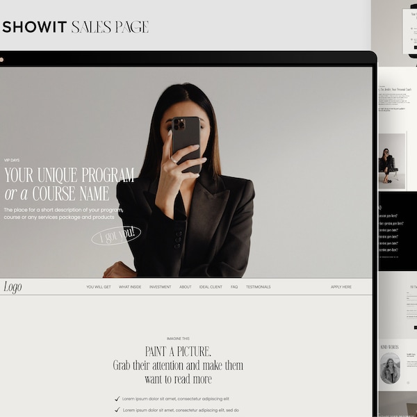 Plantilla de página de ventas Showit 2.0, página del curso Showit, plantilla de sitio web Showit, complemento Showit, página de servicio Showit, diseño de sitio web