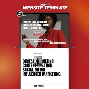 May include: A laptop screen shows a website template with a red and white design. The website focuses on social media marketing for female entrepreneurs. Text includes "Empowering Women in Business" and "Digital Marketing, Content Creation, Social Media, Influencer Marketing."