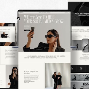 May include: A website design showcasing a digital marketing agency. The design features a woman holding a phone, website mockups, and the text "WE ARE HERE TO HELP YOUR SOCIAL MEDIA GROW."