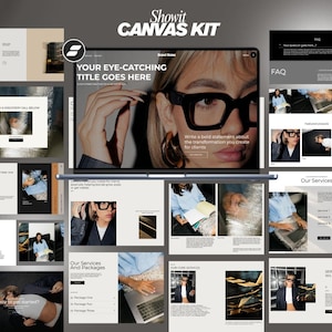 May include: A digital design kit with a laptop displaying a website mockup. The design includes various website page layouts with text and images. The text includes "Showit CANVAS KIT", "YOUR EYE-CATCHING TITLE GOES HERE", and "Our Services and Packages".