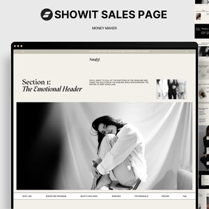 May include: A black and white image of a woman sitting on a chair with her legs crossed. The image is on a website with the text "Showit Sales Page" and "Money Maker" at the top. The text "Section 1: The Emotional Header" is in a large font size. The text "You'll want to pull at the emotions in the headline and tease the solution in the subline while encouraging the visitor to keep scrolling" is in a smaller font size. The website has a menu bar with the following options: "Who I Am", "Signature Program", "What's Included", "Bonuses", "Testimonials", "Pricing", and "FAQ".