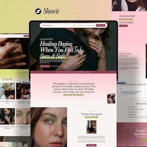 May include: A digital display of a website template titled Bloom Therapy, featuring a soft color palette of pale yellow and muted pink. The layout includes sections with serif typography, photographic imagery of people, and navigation menus for a therapy practice.