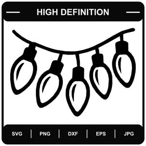 Può includere: Un'illustrazione grafica in bianco e nero di una serie di cinque lampadine appese. L'intestazione riporta la scritta HIGH DEFINITION e il piè di pagina elenca i formati di file SVG, PNG, DXF, EPS e JPG in un carattere nitido e grassetto.