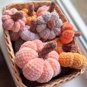 Könnte beinhalten: Ein geflochtener Weidenkorb gefüllt mit mehreren kleinen, plüschigen, gehäkelten Kürbissen in verschiedenen Farben, darunter zartes Rosa, gedämpftes Orange, helles Grau und Dunkelbraun. Jeder Kürbis hat eine strukturierte, flauschige Oberfläche.