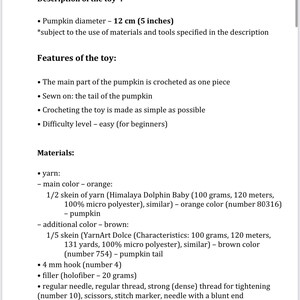 May include: Page 3 of a document detailing a crocheted pumpkin toy. The pumpkin is 5 inches in diameter. The main part is crocheted as one piece, with a sewn-on tail. The difficulty level is easy. Materials include orange and brown yarn, a 4 mm hook, and filler.