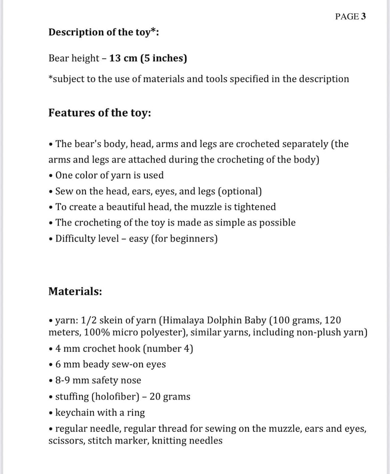May include: Page 3 of a document detailing the description and features of a crocheted bear toy. The bear is 13 cm (5 inches) tall. The document lists materials like yarn, a crochet hook, safety eyes, stuffing, and a keychain.