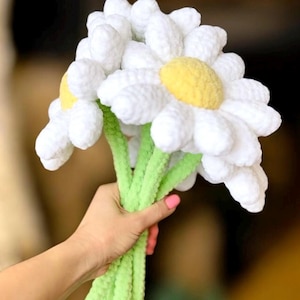 Puede incluir: Un ramo de margaritas hechas a mano con ganchillo. Las flores tienen pétalos blancos y centros amarillos, con tallos verdes. El ramo se sostiene en una mano.