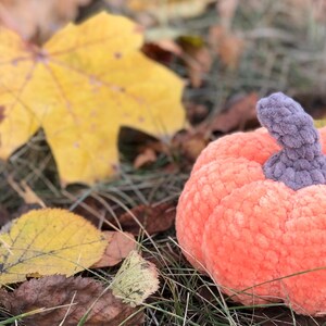 May include: A plush, orange crocheted pumpkin with a gray stem rests on a bed of grass and fallen leaves. The pumpkin is the focal point, with a textured surface and a rounded shape. Yellow and brown leaves surround the pumpkin, suggesting an autumn theme.
