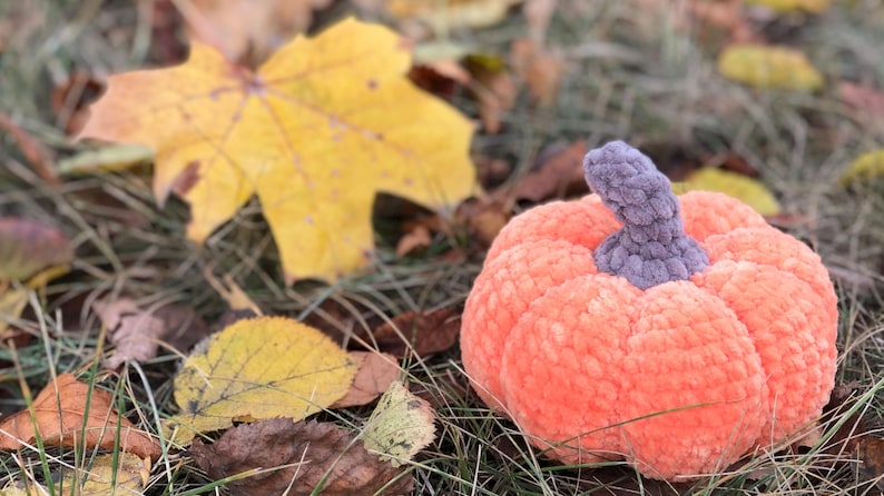 May include: A plush, orange crocheted pumpkin with a gray stem rests on a bed of grass and fallen leaves. The pumpkin is the focal point, with a textured surface and a rounded shape. Yellow and brown leaves surround the pumpkin, suggesting an autumn theme.