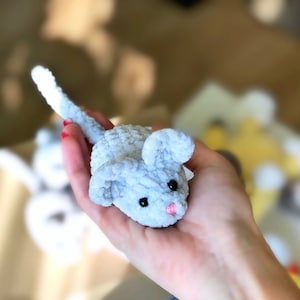 May include: A small gray crocheted mouse toy with black eyes and a pink nose. The mouse is being held in a person's hand.