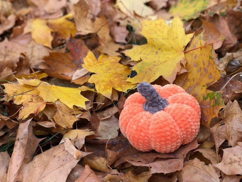 May include: An orange plush pumpkin with a gray stem rests among fallen autumn leaves. The pumpkin is a soft, round shape, perfect for fall decor. The leaves are various shades of brown and yellow.