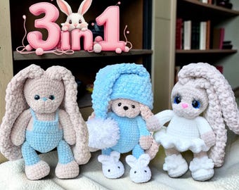 Paquete de patrones de conejito de ganchillo (3 diseños - 3 patrones en PDF), tutorial de conejo amigurumi / Inglés + bajo petición francés, alemán, español