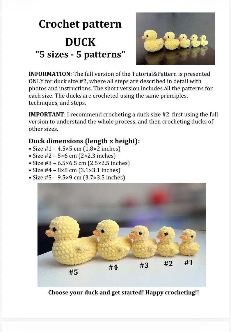 Patrón de ganchillo 5 en 1: pato (5 tamaños - 5 patrones) / Tutorial de amigurumi de patito en PDF (inglés, francés y otros idiomas) / Peluches de Pascua sin costuras imagen 8