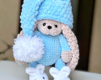 BUNNY in pajamas with lacey hat / Crochet bunny PATTERN PDF (English terms) / Amigurumi bunny / Plushie bunny / Bunny crochet pattern