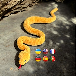 Patrón de serpiente a crochet en PDF en 7 idiomas, patrón de serpiente amigurumi, juguete de serpiente realista, tutorial de crochet fácil, patrón multilingüe