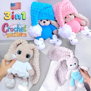 3in1 BUNNY in pajamas, overalls, dress / Crochet bunny PATTERN PDF (English terms) / Amigurumi bunny / Plushie bunny crochet pdf pattern