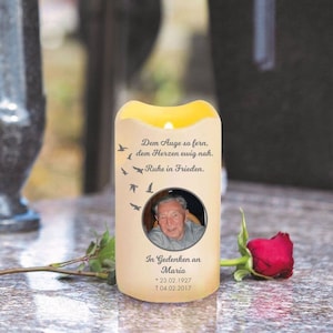 Personalized LED mourning candle for adults, with photo and dove motif made of weatherproof plastic