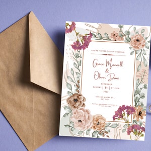 Tarjeta de invitación de boda minimalista imprimible, página de tarjeta de anuncio de boda digital editable