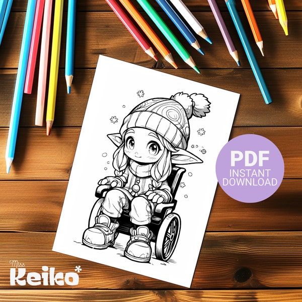 Coloring page cute elf girl with wheelchair