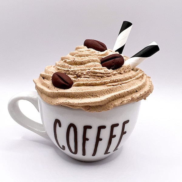 Coffee Tiered Tray Decor, Mini Coffee Mug with faux Whipped Cream Topper, Coffee Beans, Coffee Bar, Farmhouse Decor