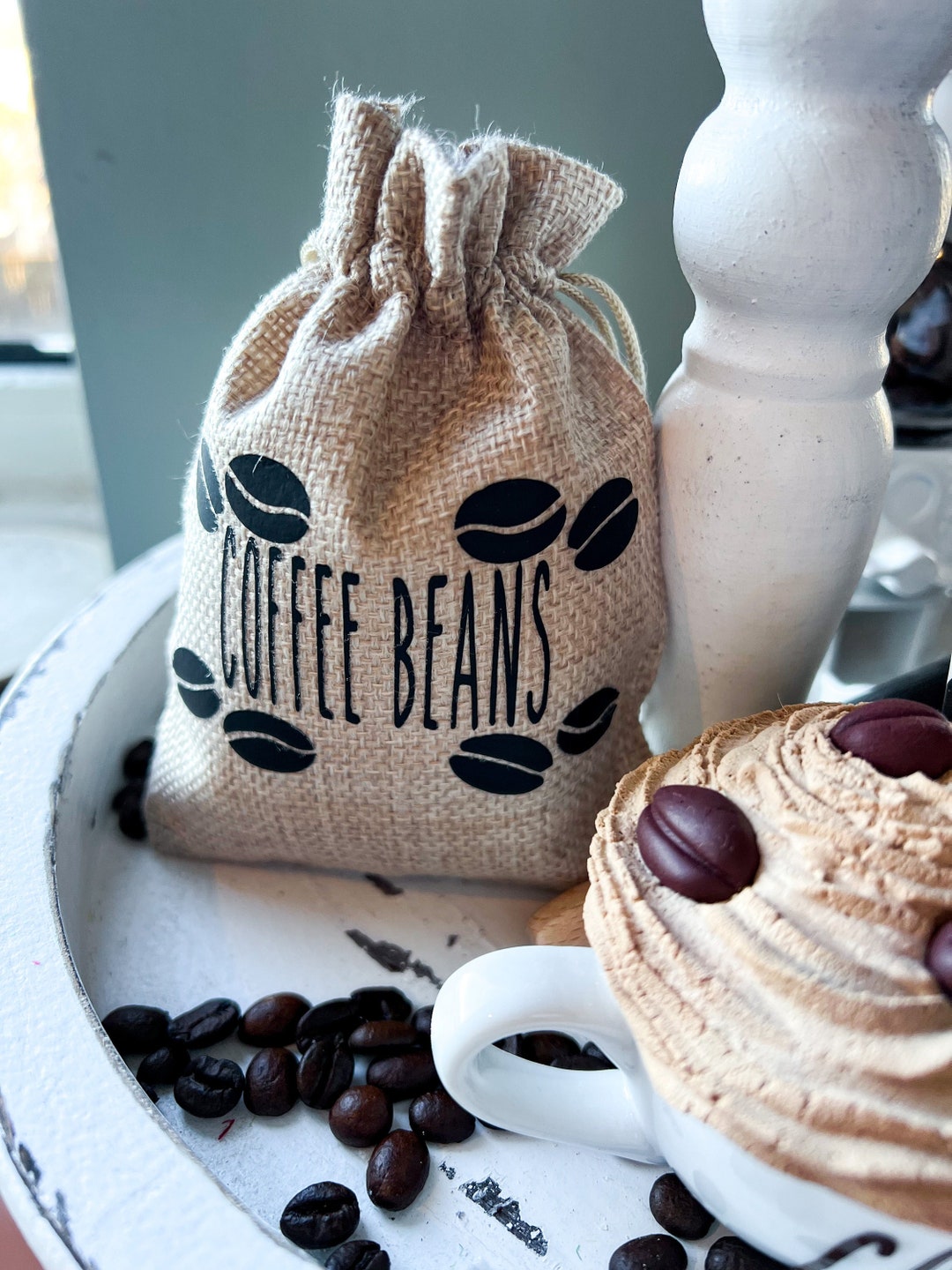 Tiered Tray Decor, Coffee Tier Tray Decor, Faux Coffee Been Burlap Bag