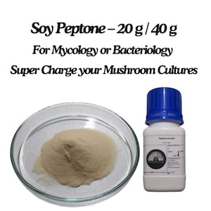 Może przedstawiać: Przezroczysta szalka Petriego z jasnobrązowym proszkiem obok białej butelki z niebieską zakrętką. Butelka jest oznaczona "Peptone ex soya". Tekst powyżej brzmi "Soy Peptone - 20 g / 40 g Dla Mykologii lub Bakteriologii Super Charge your Mushroom Cultures".