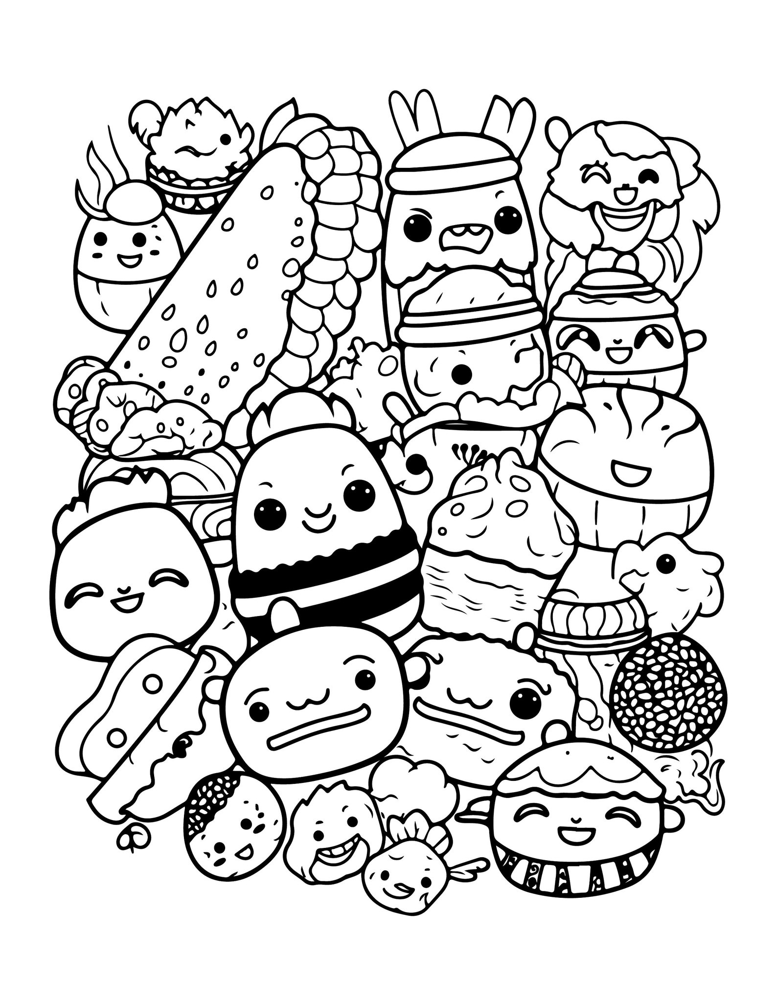 20 Kawaii Foods Coloring Pages, Funny Cute Kawaii Foods Printable