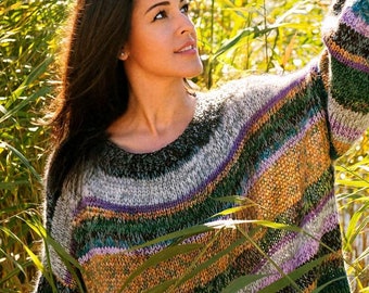 удлиненный пуловер пуловер в полоску многоцветный пуловер удлиненный свитер многоцветный свитер пуловер крупной вязки зеленый пуловер