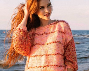 coral pullover coral sweater sequin pullover sequin jumper orange sweater striped sweater puff sleeve pullover