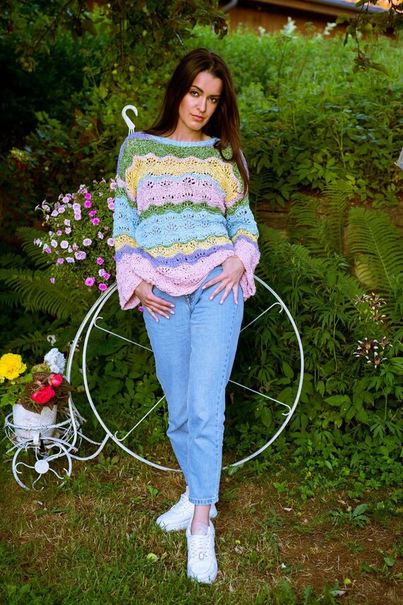 Multicolor pullover cotton pullover delicate pullover cream pullover  multicolor jumper multicolor sweater cotton sweater romance - Main Image